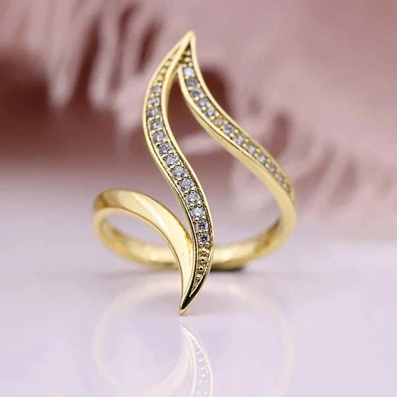 Huitan Minimalist Gold-Tone CZ Ring – Elegant Geometric Design for Women