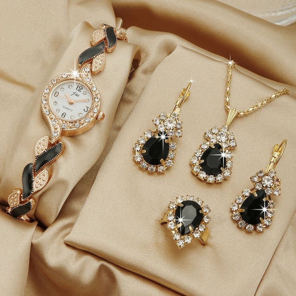 Fashion Gift Set - Quartz Watch Necklace Bracelet Ring Stud Earrings