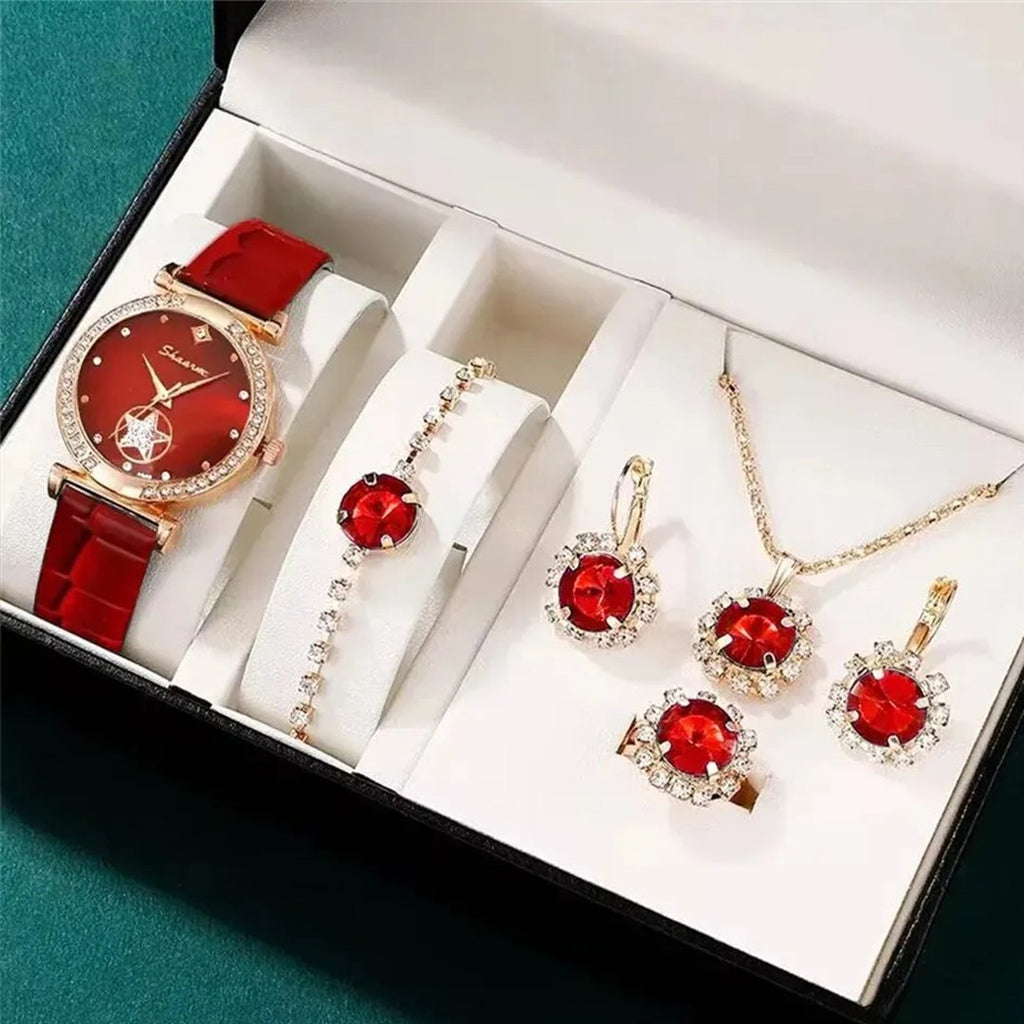 Fashion Gift Set - Quartz Watch Necklace Bracelet Ring Stud Earrings