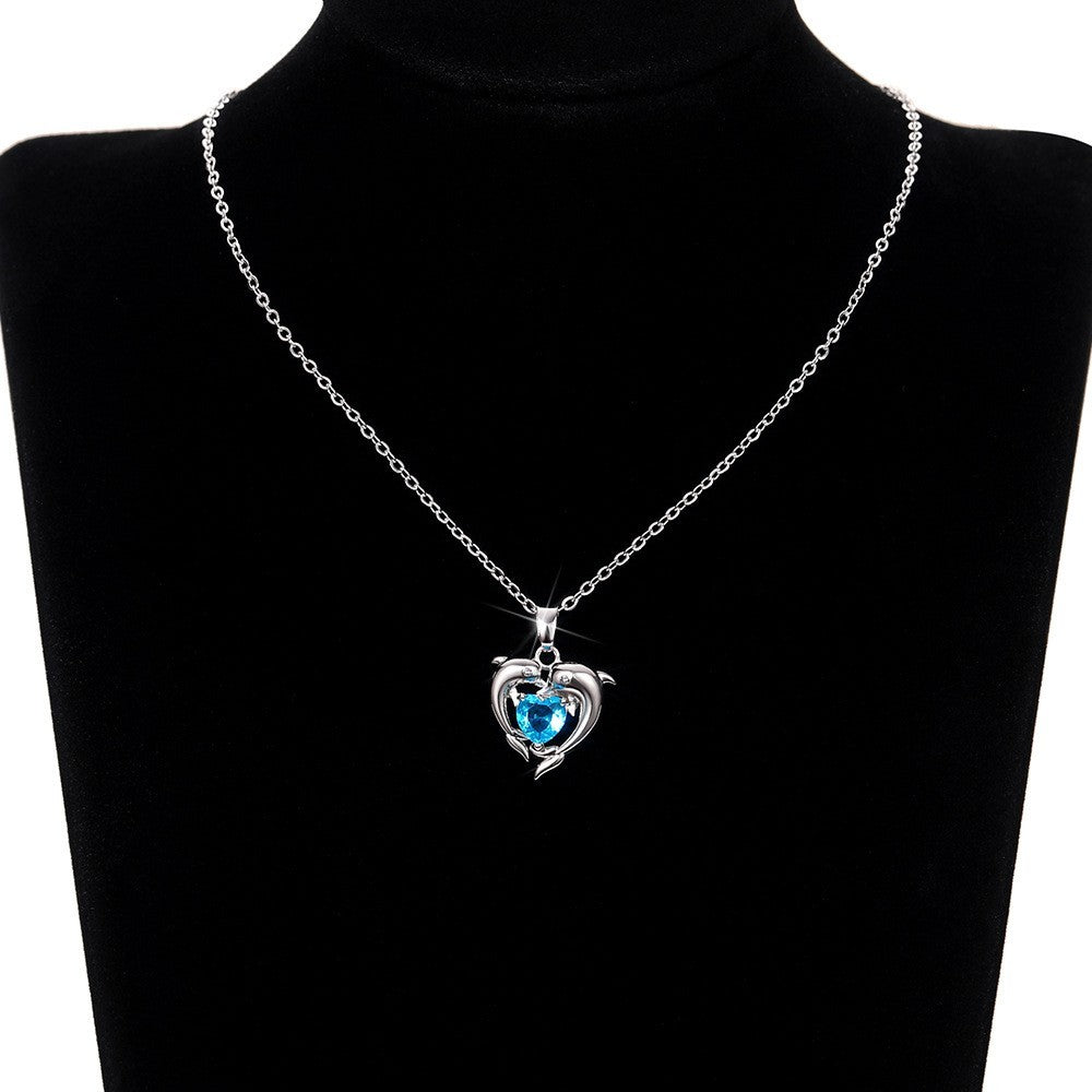 Elegant Dolphin Heart Pendant Necklace – White Gold with Zircon Stone