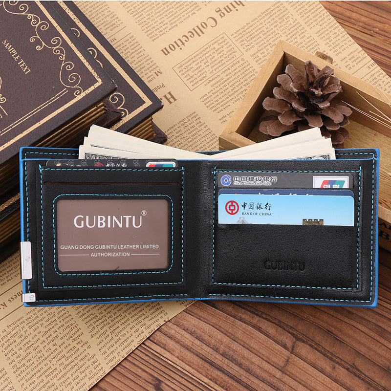 Men’s PU Leather Wallet – Slim Bifold with Blue Edge