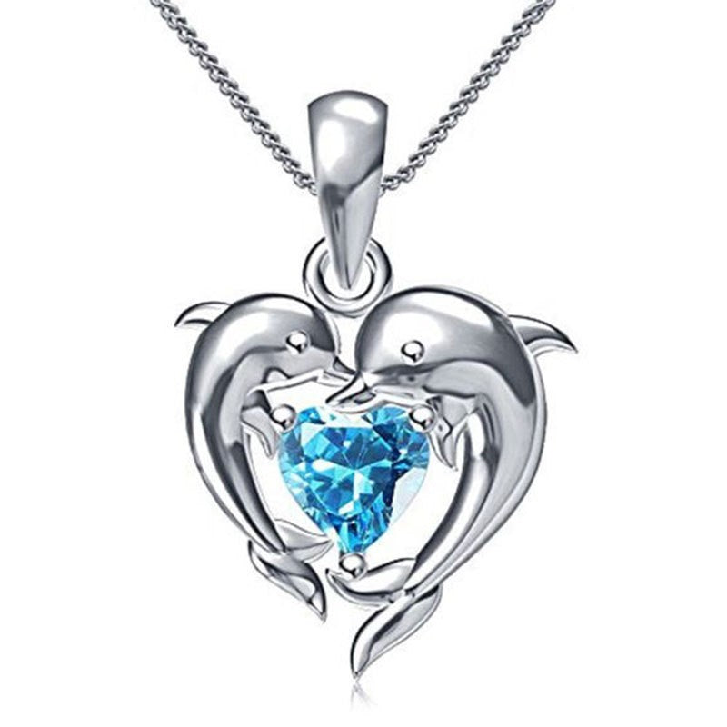 Elegant Dolphin Heart Pendant Necklace – White Gold with Zircon Stone