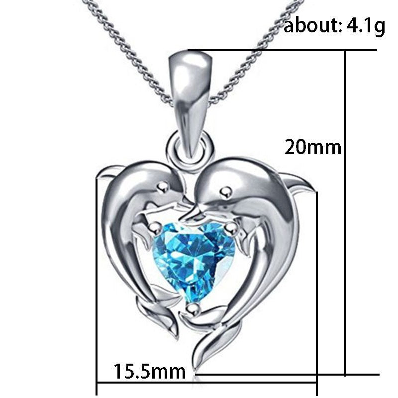 Elegant Dolphin Heart Pendant Necklace – White Gold with Zircon Stone