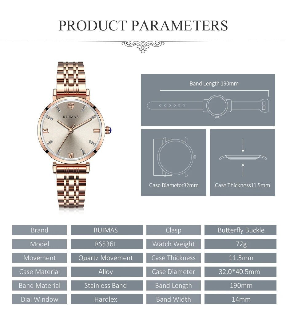 RUIMAS Women Watches Top Brand Luxury Quartz Watch Waterproof Fashion Ladies Wristwatch Stain Steel Dress Clock Reloj Mujer 536-8
