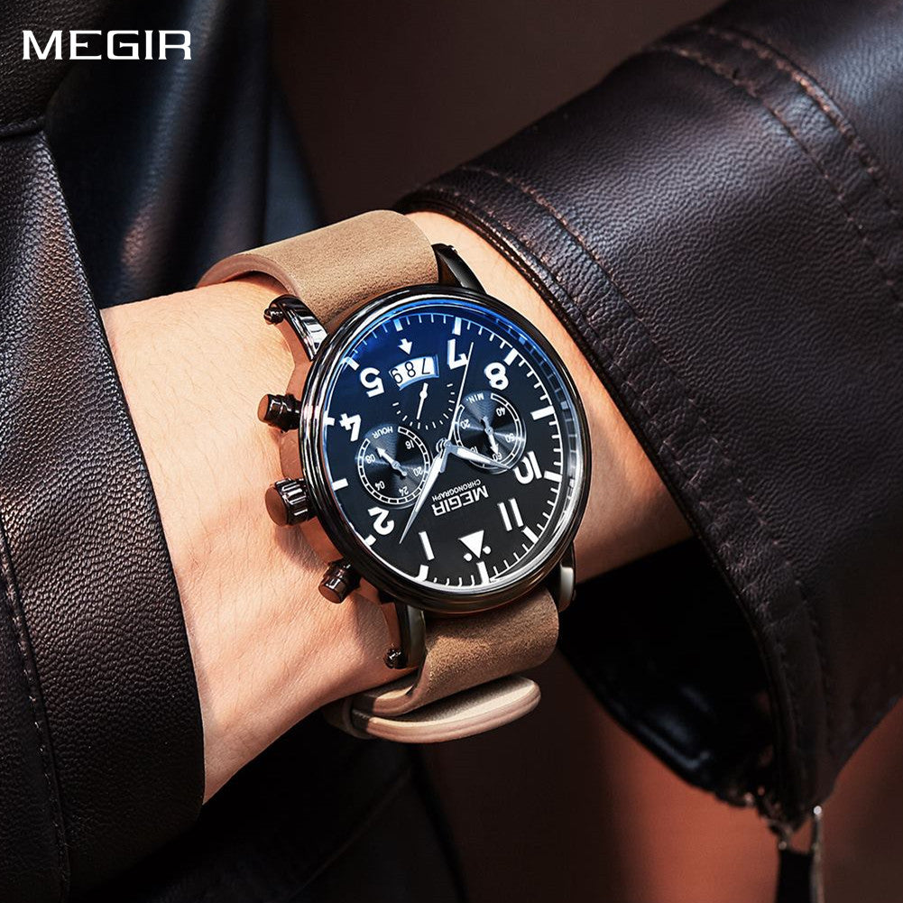 MEGIR Fashion Mens Watches Leather Military Sport Watch Chronograph Luminous Waterproof Quartz Wristwatch Man Clock Reloj Hombre-0