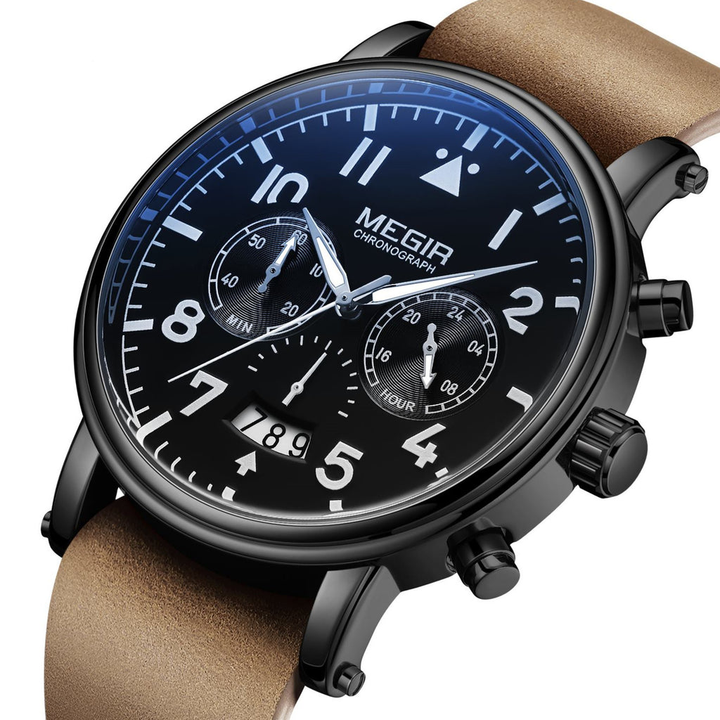 MEGIR Fashion Mens Watches Leather Military Sport Watch Chronograph Luminous Waterproof Quartz Wristwatch Man Clock Reloj Hombre-3