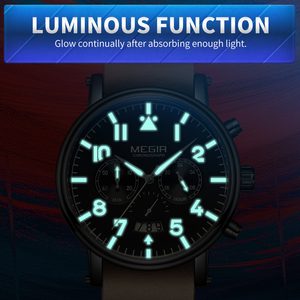 MEGIR Fashion Mens Watches Leather Military Sport Watch Chronograph Luminous Waterproof Quartz Wristwatch Man Clock Reloj Hombre-4