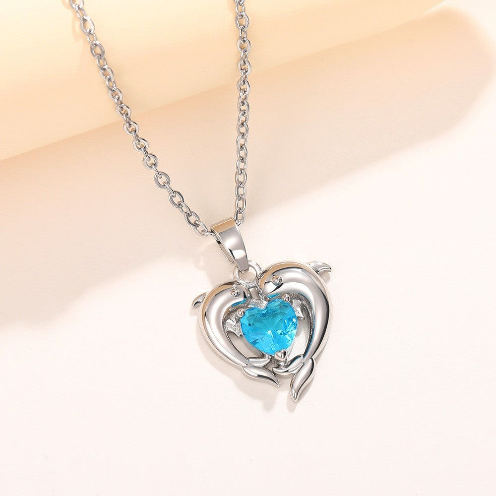 Elegant Dolphin Heart Pendant Necklace – White Gold with Zircon Stone