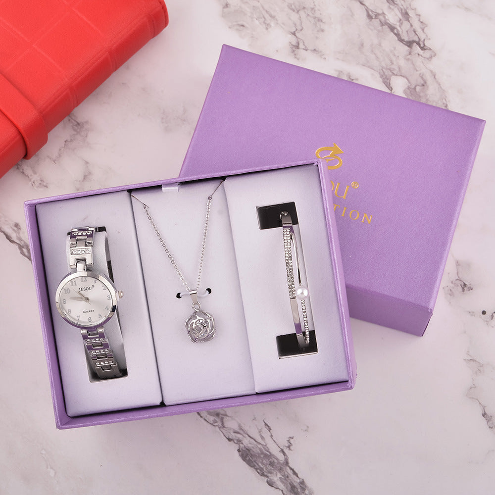Luxury Watch, Bracelet & Necklace Gift Set – Quartz Movement, Waterproof, PU Strap, Elegant Jewellery Box