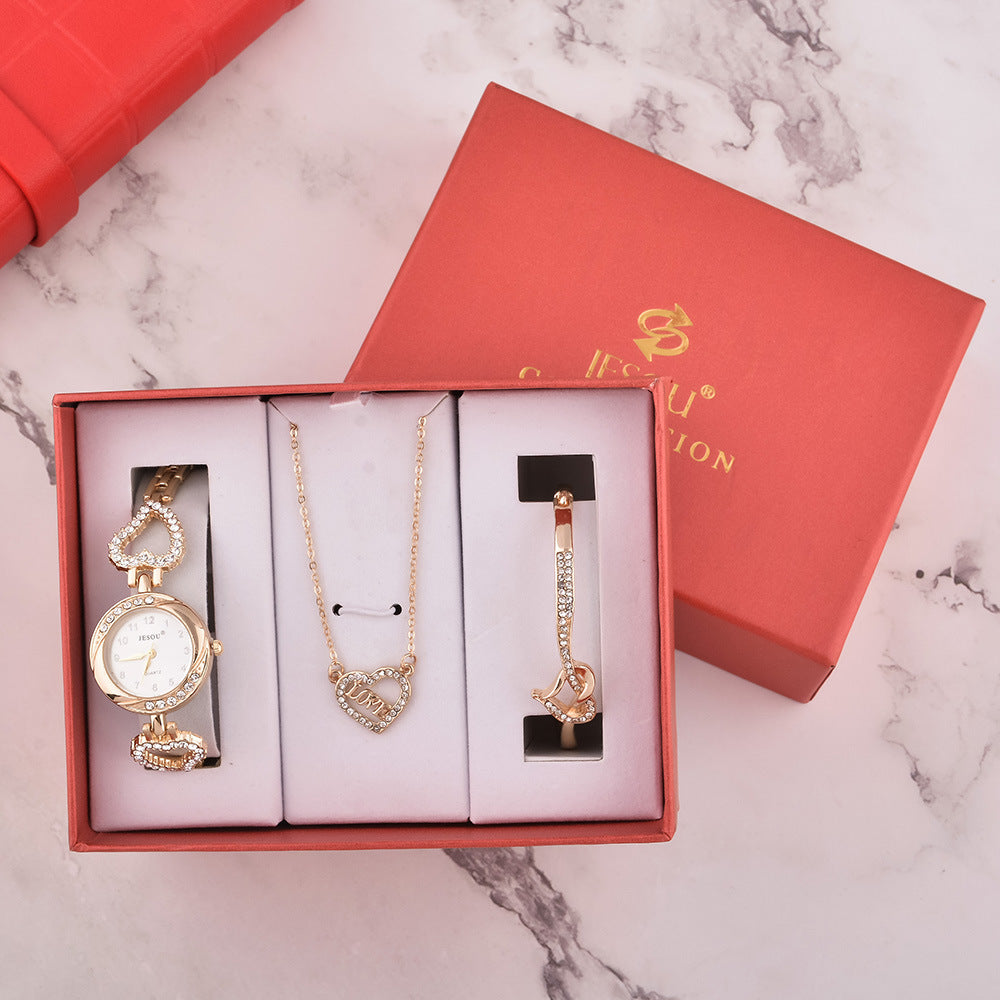 Luxury Watch, Bracelet & Necklace Gift Set – Quartz Movement, Waterproof, PU Strap, Elegant Jewellery Box