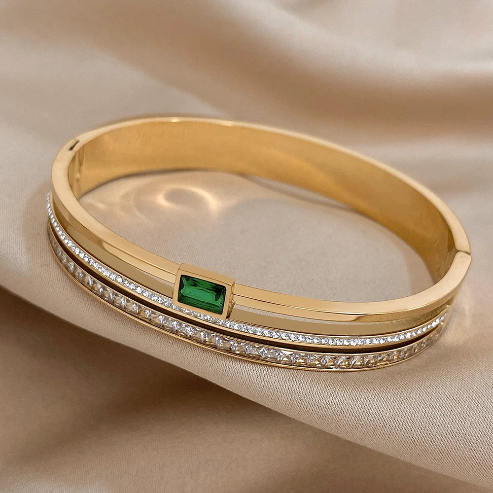 Emerald Luxe Cuff – Gold & Silver Stainless Steel Bracelet with Rhinestones