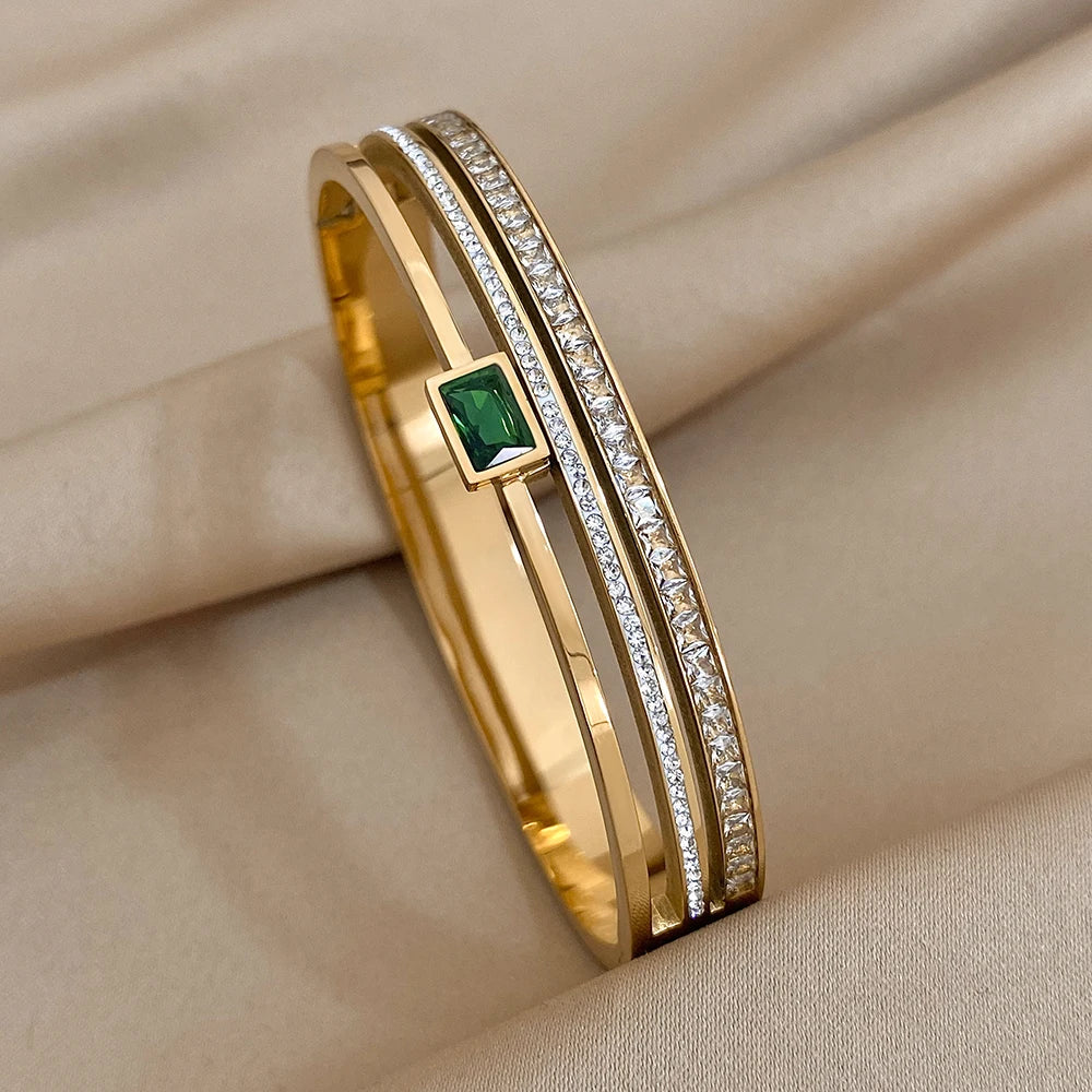 Emerald Luxe Cuff – Gold & Silver Stainless Steel Bracelet with Rhinestones