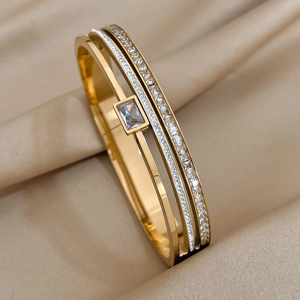 Emerald Luxe Cuff – Gold & Silver Stainless Steel Bracelet with Rhinestones