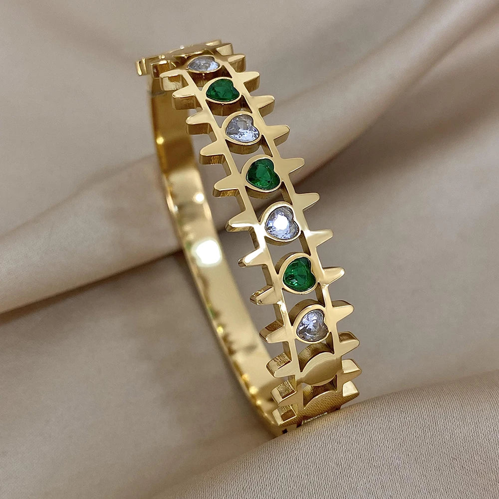 Emerald Luxe Cuff – Gold & Silver Stainless Steel Bracelet with Rhinestones