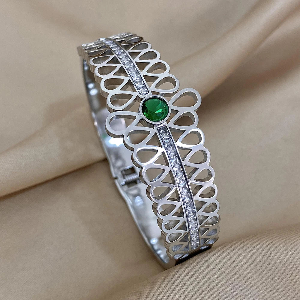 Emerald Luxe Cuff – Gold & Silver Stainless Steel Bracelet with Rhinestones
