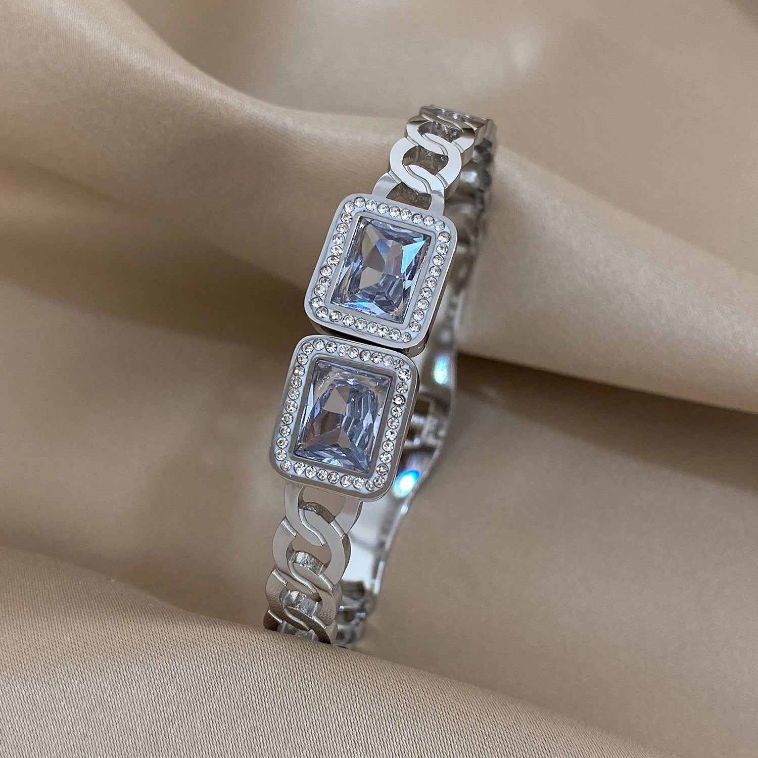 Emerald Luxe Cuff – Gold & Silver Stainless Steel Bracelet with Rhinestones