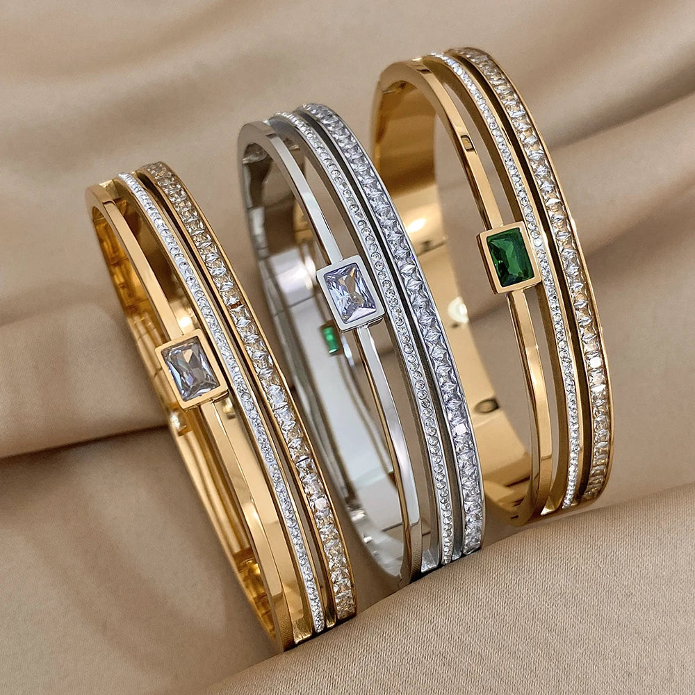 Emerald Luxe Cuff – Gold & Silver Stainless Steel Bracelet with Rhinestones