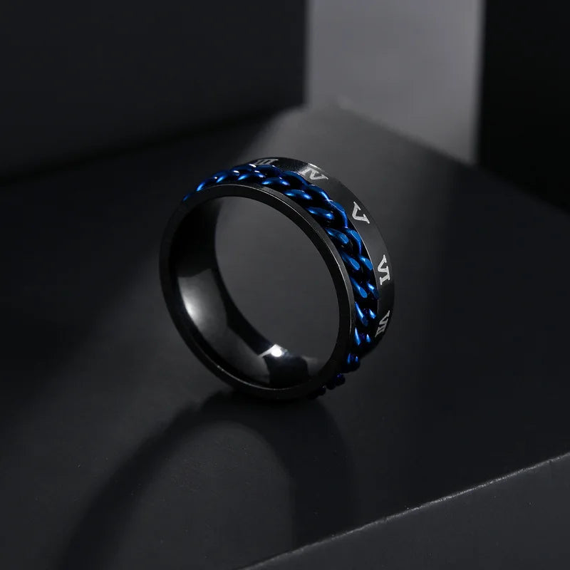 Titanium Steel Spinner Ring with Roman Numerals – Chain Detail