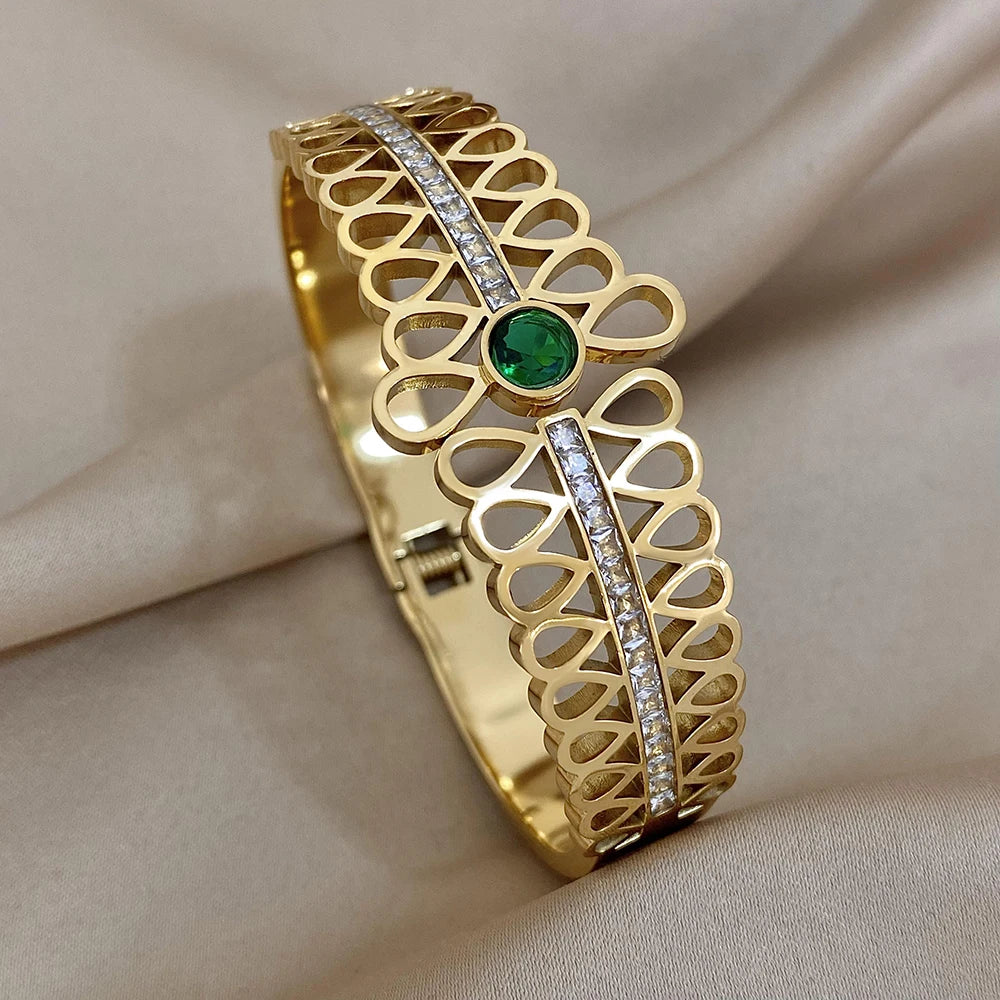 Emerald Luxe Cuff – Gold & Silver Stainless Steel Bracelet with Rhinestones