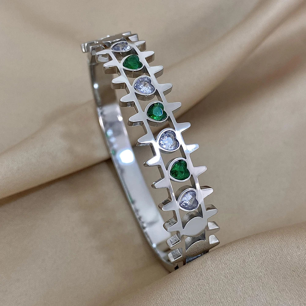 Emerald Luxe Cuff – Gold & Silver Stainless Steel Bracelet with Rhinestones