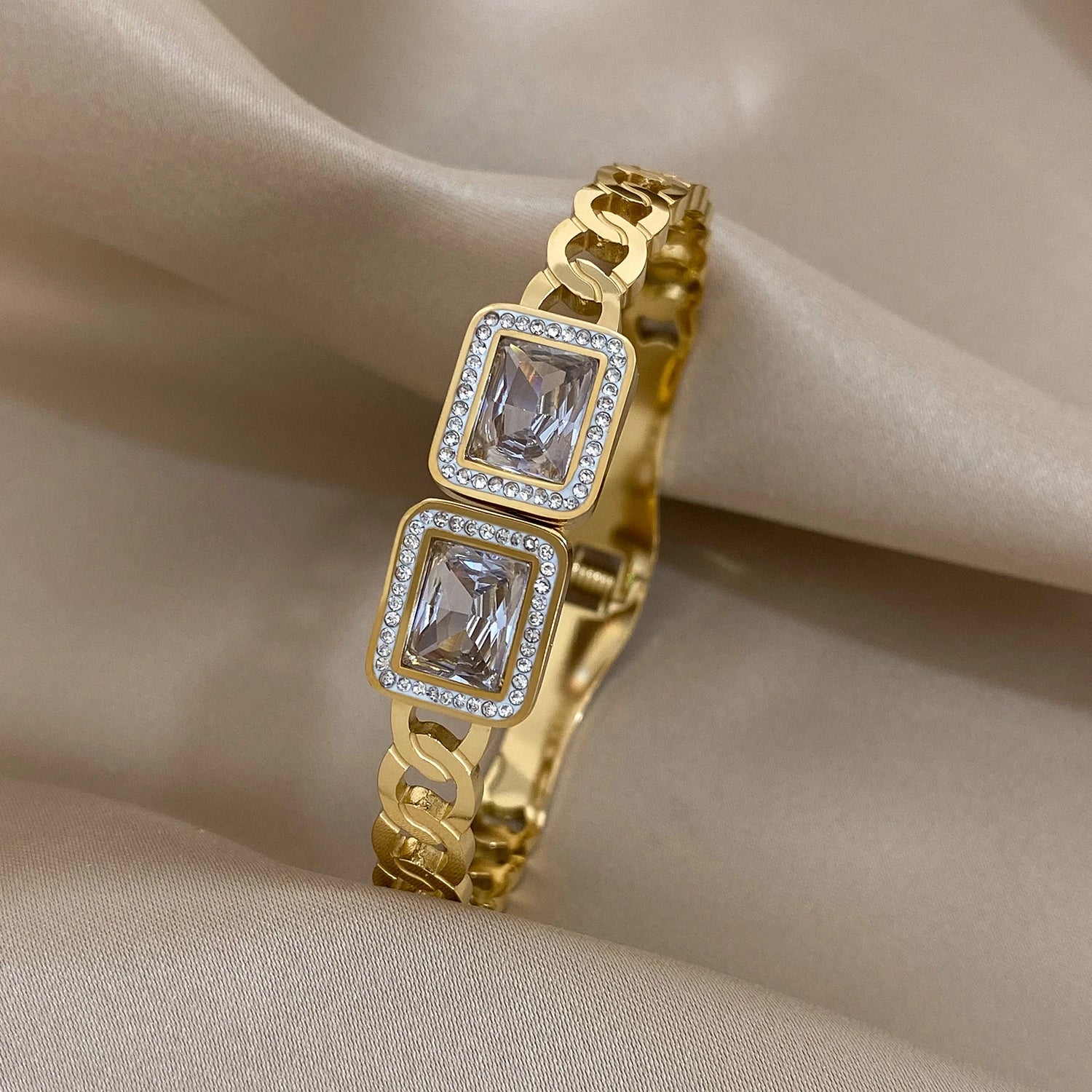 Emerald Luxe Cuff – Gold & Silver Stainless Steel Bracelet with Rhinestones