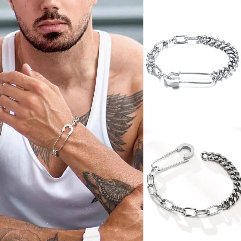 Hybrid Link Safety Pin Bracelet – Stainless Steel Cuban & Rectangle Chain