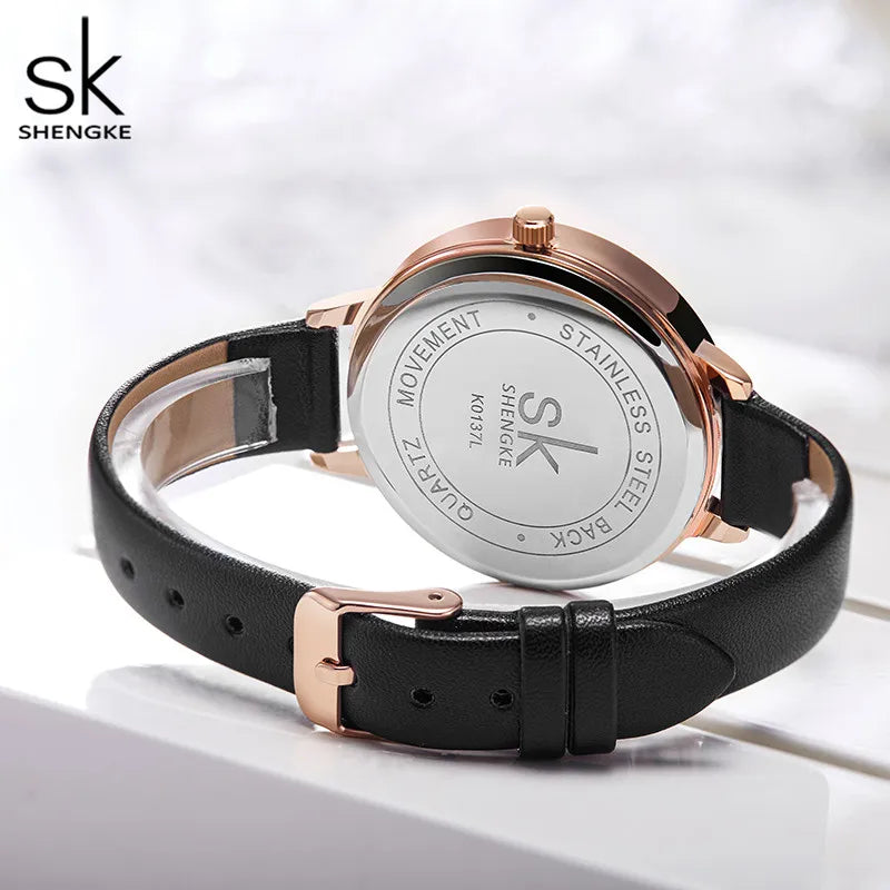 Black Marble Dial Leather Women’s Watch – Elegant & Minimalist