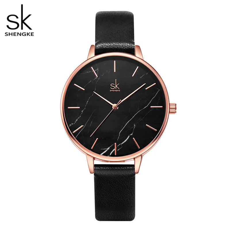 Black Marble Dial Leather Women’s Watch – Elegant & Minimalist