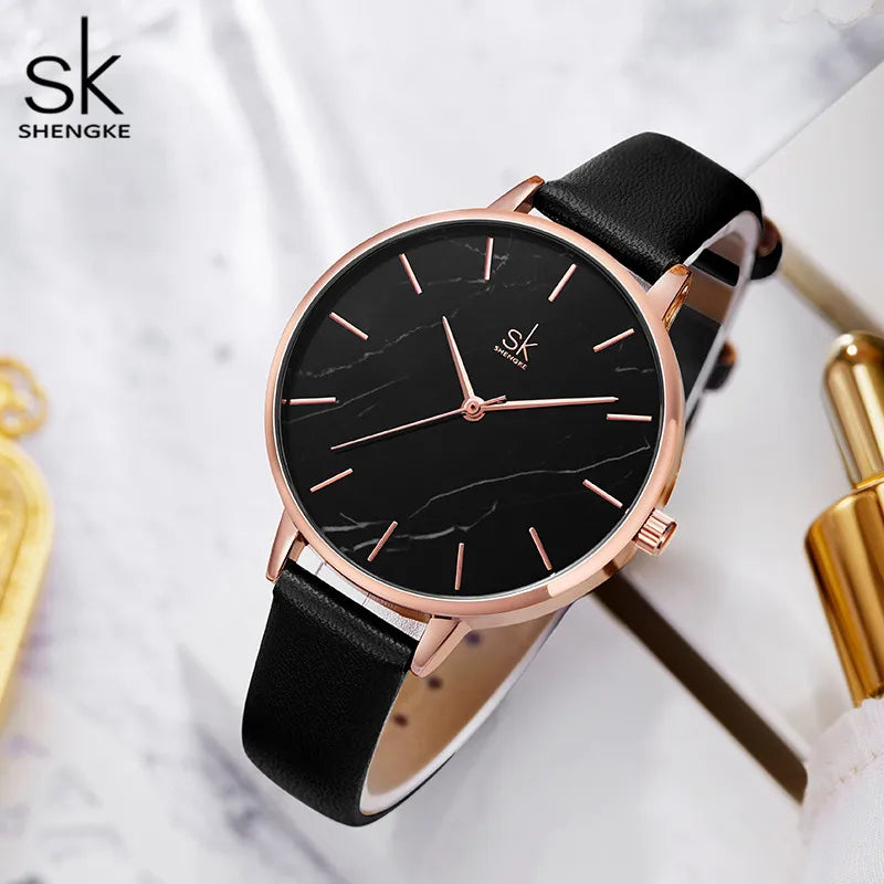 Black Marble Dial Leather Women’s Watch – Elegant & Minimalist