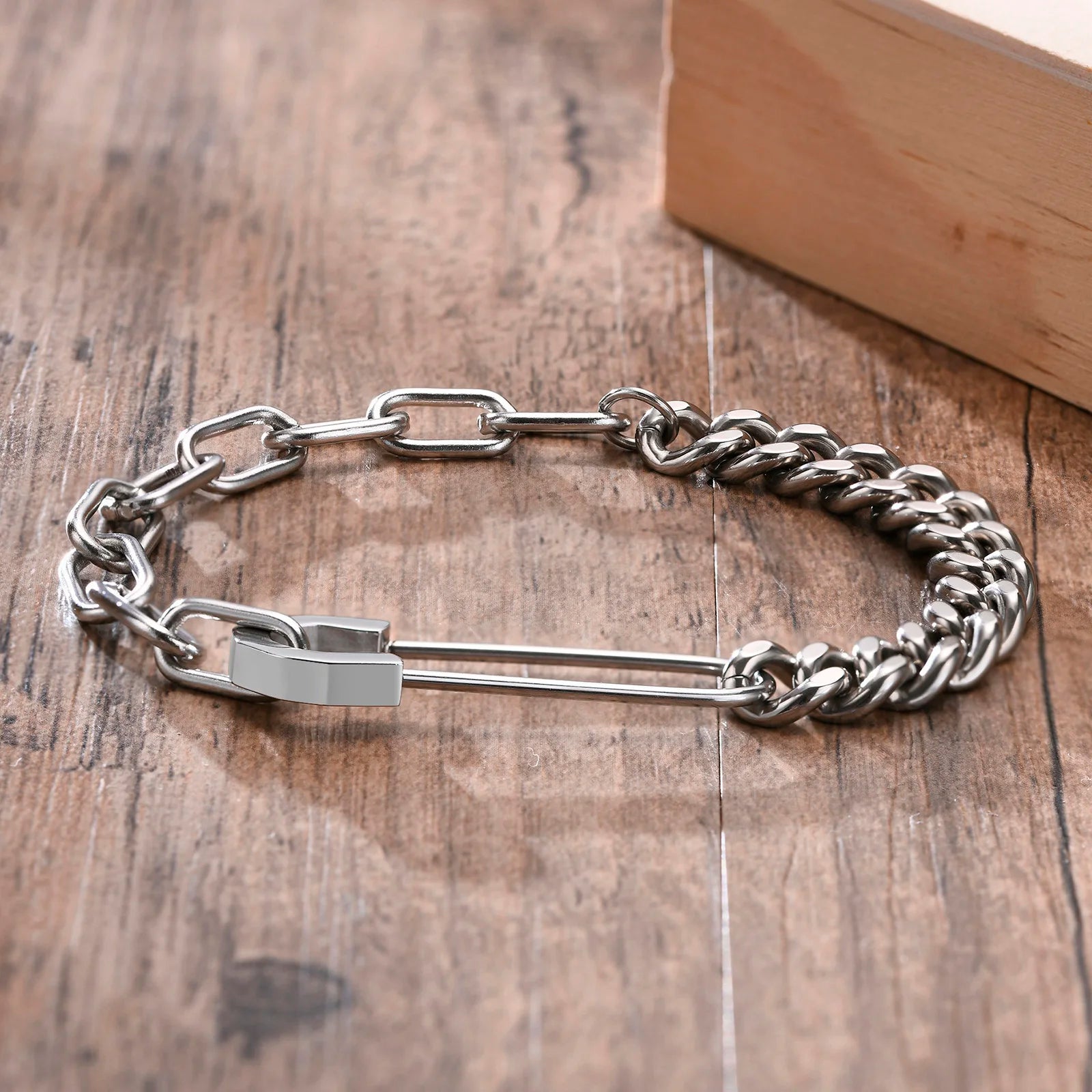 Hybrid Link Safety Pin Bracelet – Stainless Steel Cuban & Rectangle Chain