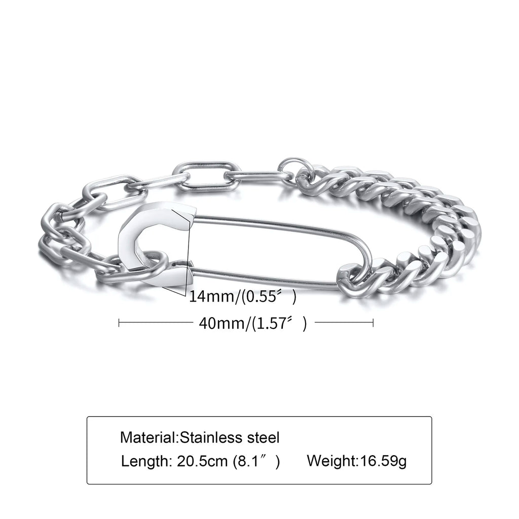 Hybrid Link Safety Pin Bracelet – Stainless Steel Cuban & Rectangle Chain