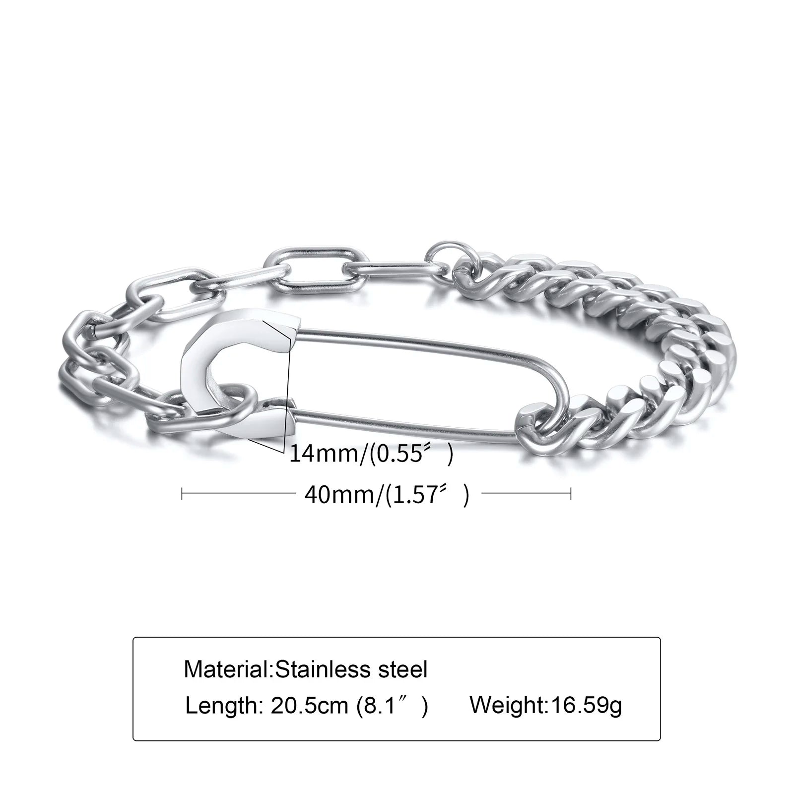 Hybrid Link Safety Pin Bracelet – Stainless Steel Cuban & Rectangle Chain