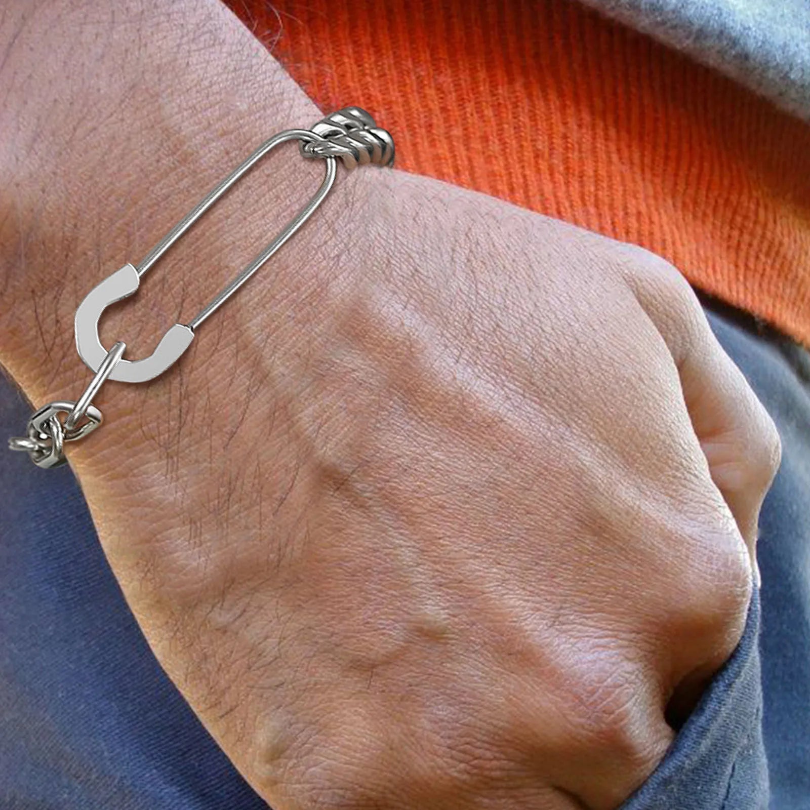 Hybrid Link Safety Pin Bracelet – Stainless Steel Cuban & Rectangle Chain