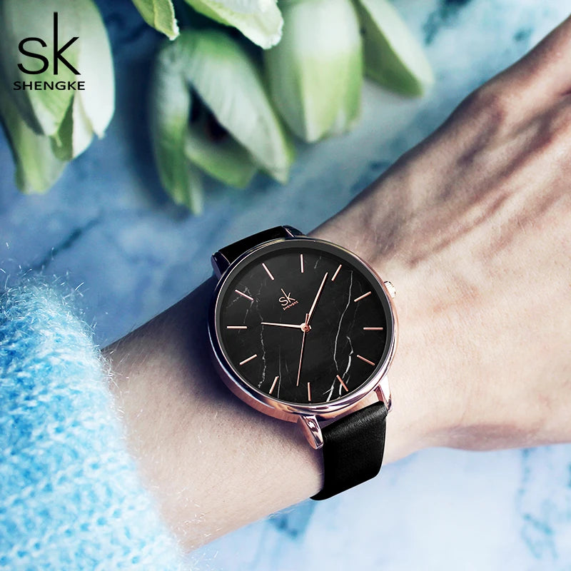 Black Marble Dial Leather Women’s Watch – Elegant & Minimalist