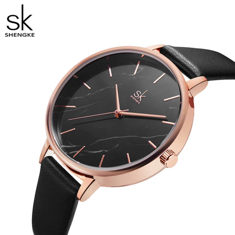 Black Marble Dial Leather Women’s Watch – Elegant & Minimalist