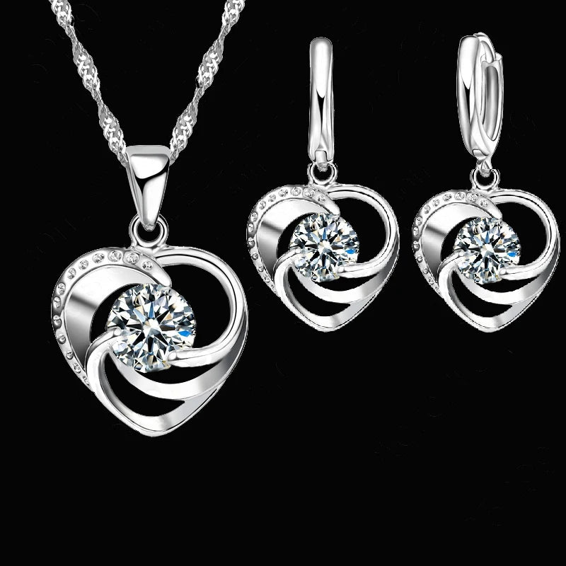 925 Sterling Silver Heart Necklace & Earrings Set