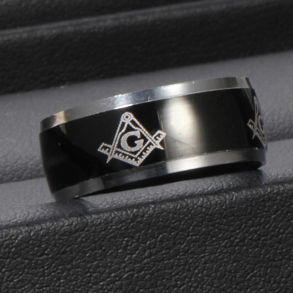 Freemasonry Masonic Ring – 8mm Black Titanium Steel Carbide Band for Men
