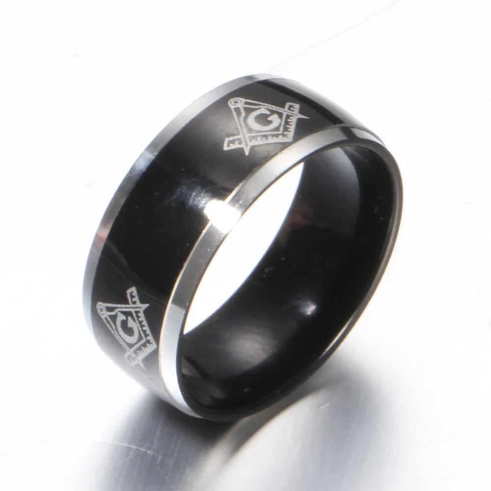 Freemasonry Masonic Ring – 8mm Black Titanium Steel Carbide Band for Men