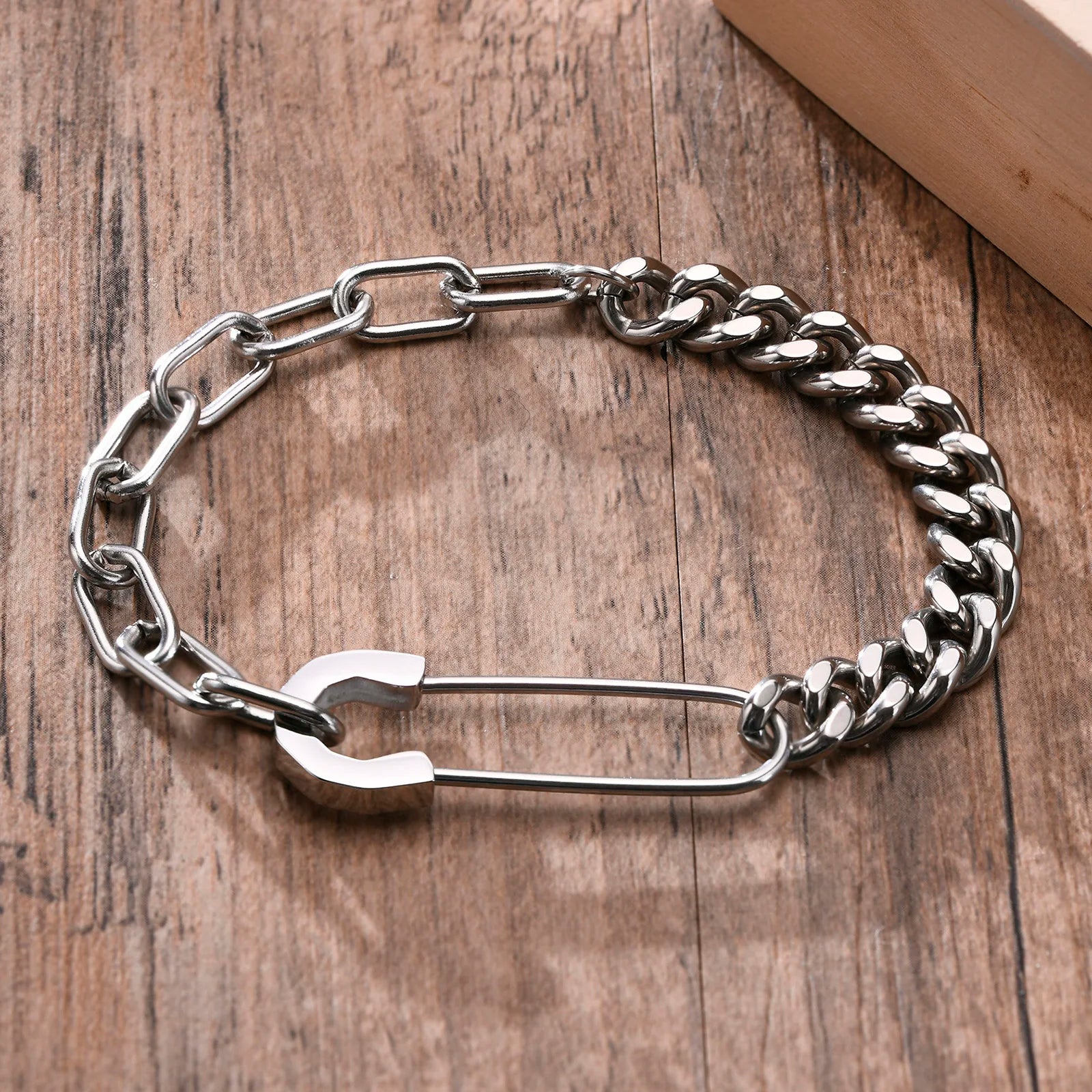 Hybrid Link Safety Pin Bracelet – Stainless Steel Cuban & Rectangle Chain