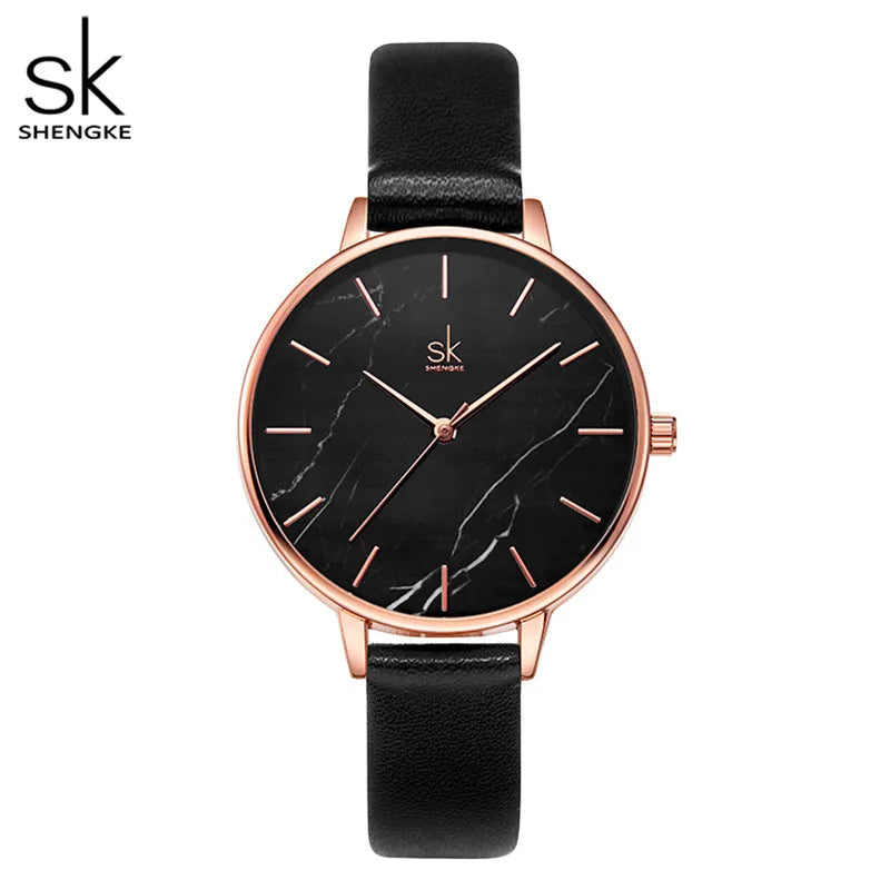 Black Marble Dial Leather Women’s Watch – Elegant & Minimalist