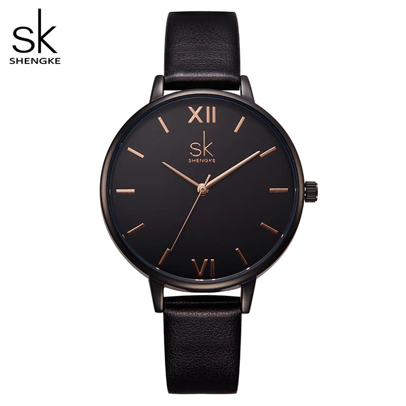 Black Marble Dial Leather Women’s Watch – Elegant & Minimalist