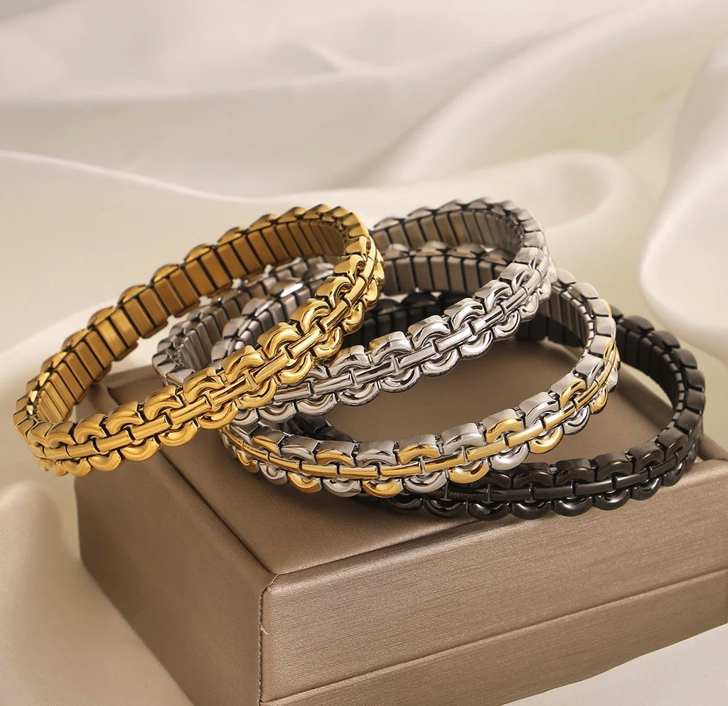 Stainless Steel Semi-Circular Link Bracelet – Two-Tone & Mono-Tone Bangle for Women