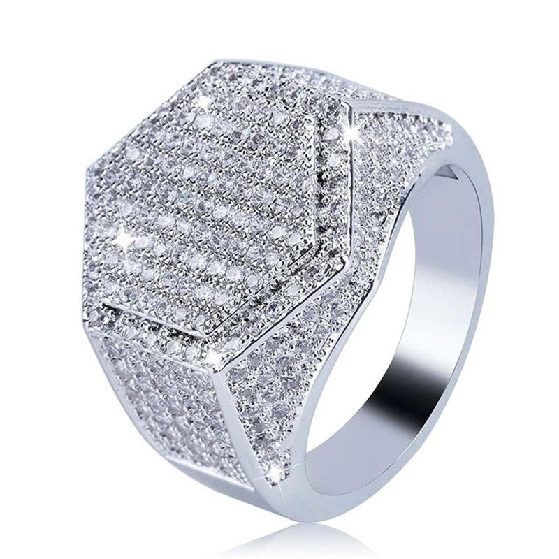 Milangirl Men's Geometric Iced-Out Ring – Gold/Silver Plated with Cubic Zirconia