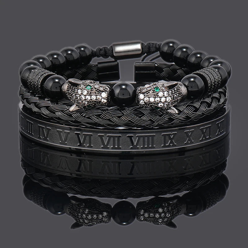 Imperium Bracelet Set – Black Beads, Leopard Head & Roman Numeral Bangles
