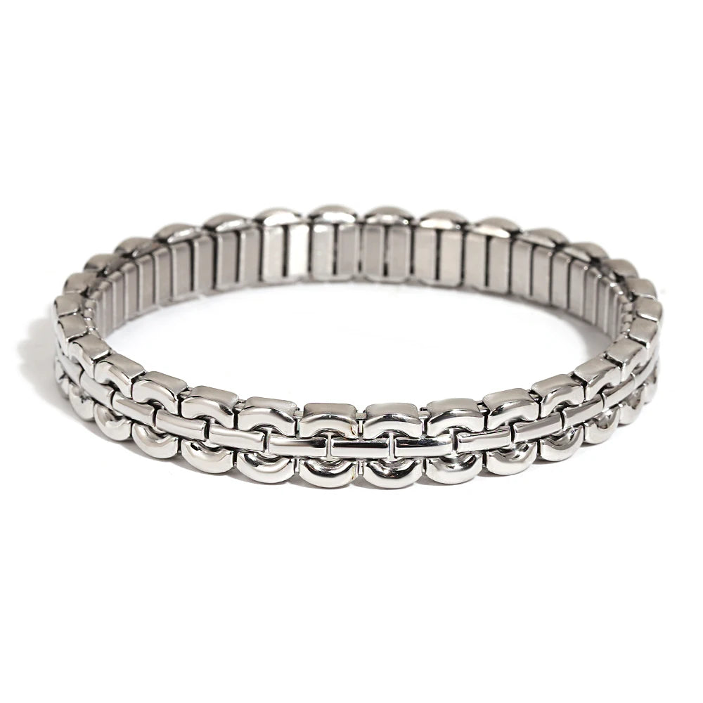Stainless Steel Semi-Circular Link Bracelet – Two-Tone & Mono-Tone Bangle for Women