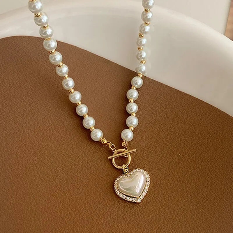 Elegant Pearl Necklace with Heart Pendant