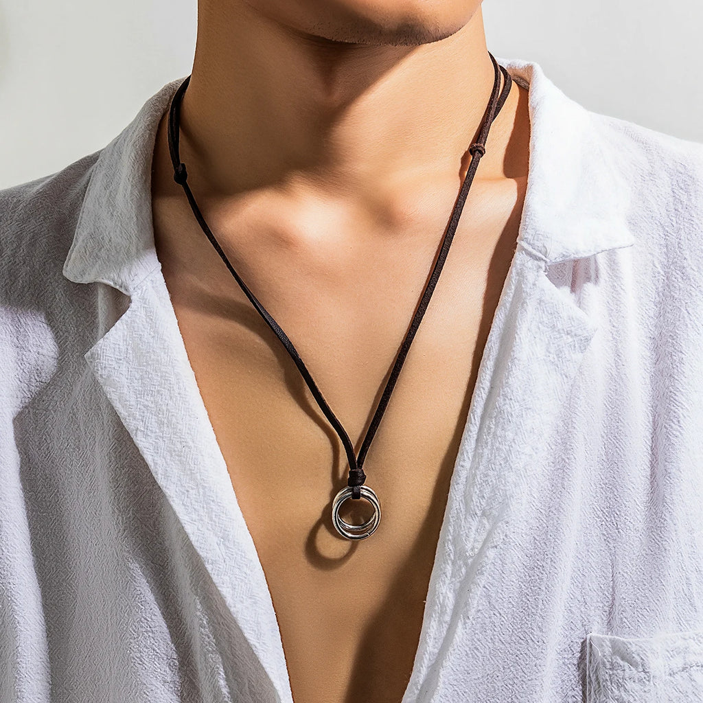Men's Adjustable Rope Necklace with Vintage Circle Ring