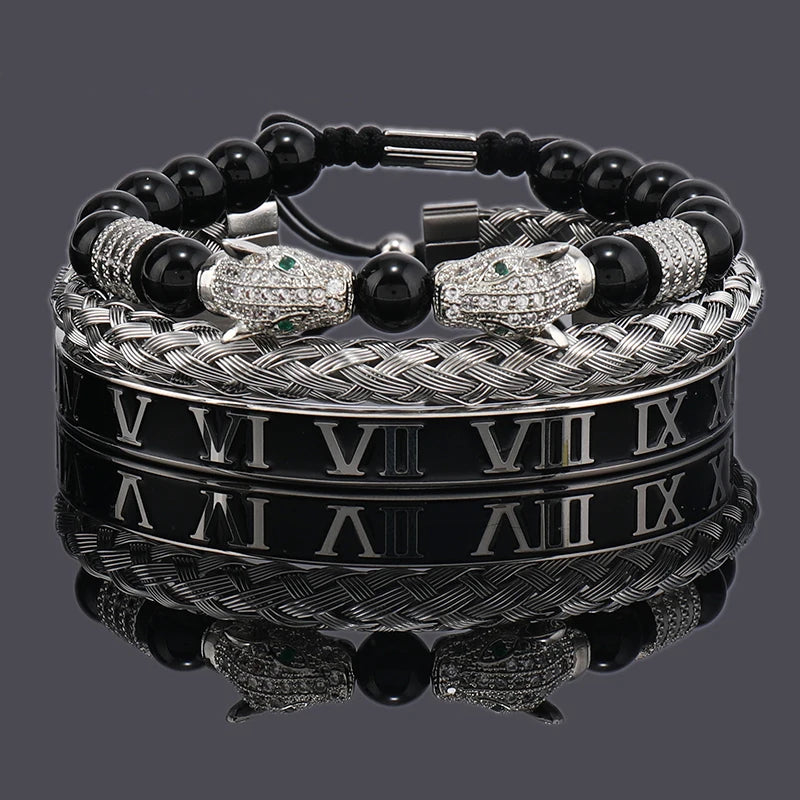 Imperium Bracelet Set – Black Beads, Leopard Head & Roman Numeral Bangles
