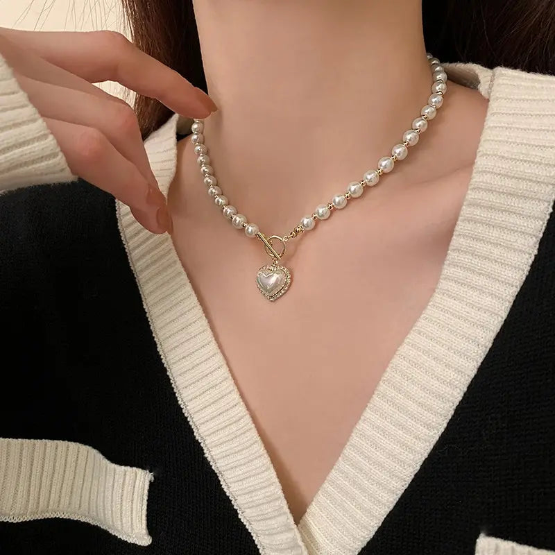 Elegant Pearl Necklace with Heart Pendant