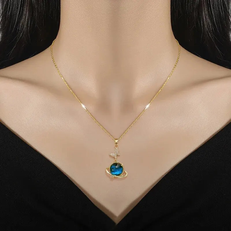 Celestial Planet Moon Pendant Necklace – Gold Titanium Steel,